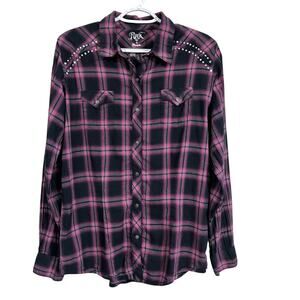 Rock 47 by Wrangler Western Snap Shirt Womens M Black Purple Plaid